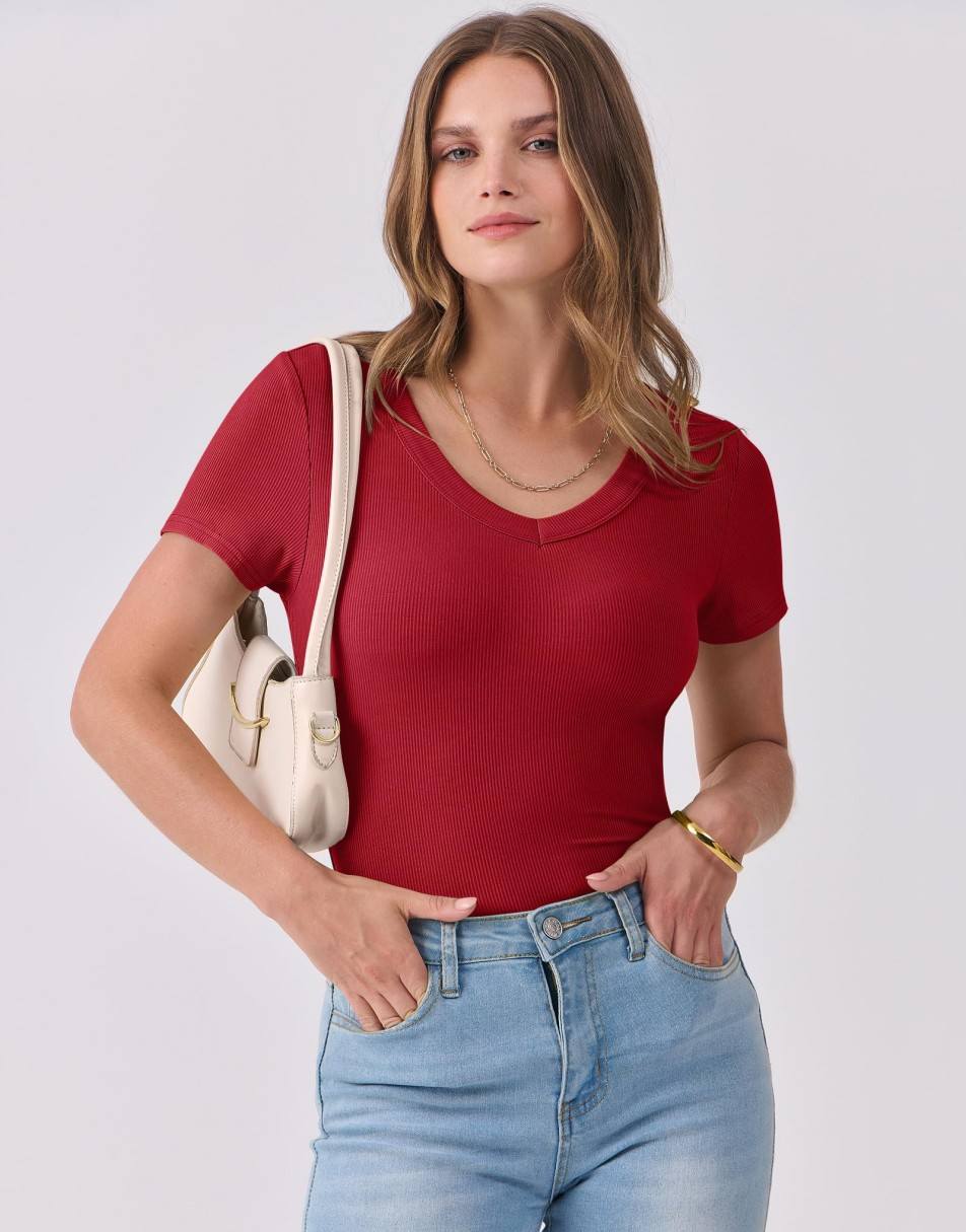 ANRABESS Women Short Sleeve V Neck Ribbed Knit Fitted Shirts Basic Tees Tops 2025 Summer Casual T-Shirts Going Out Outfits
