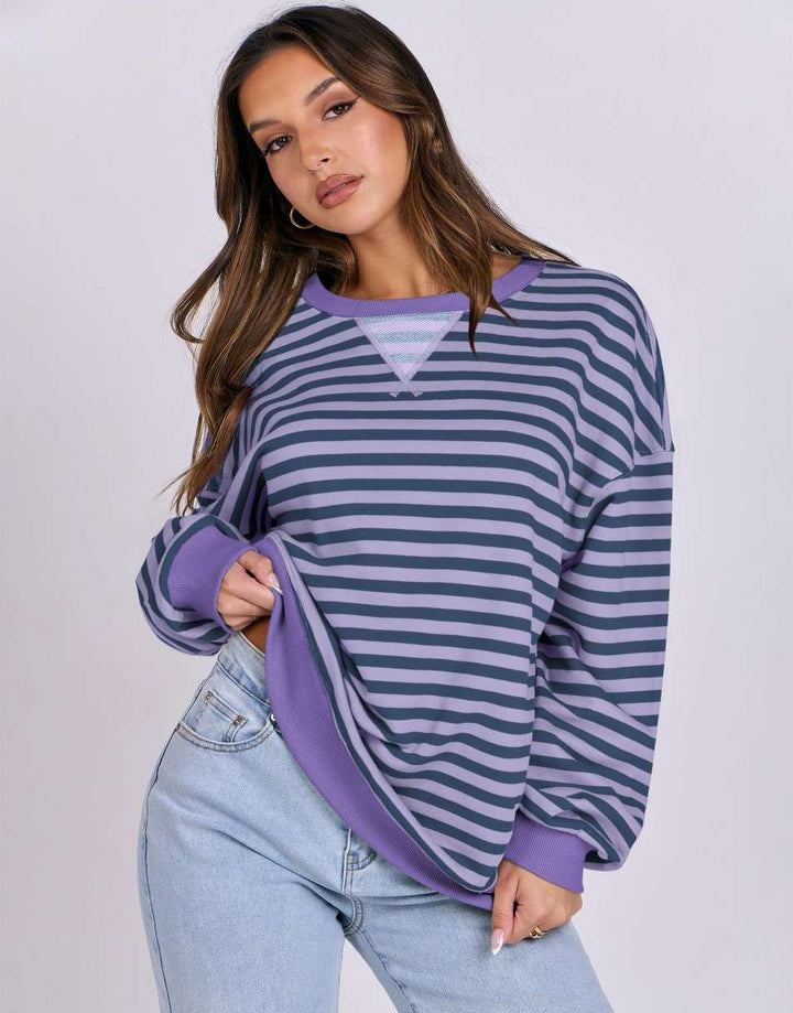 ANRABESS Women Striped Oversized Sweatshirt Long Sleeve Crewneck Shirts 2024 Fall Fashion Pullover Sweater Trendy Clothes