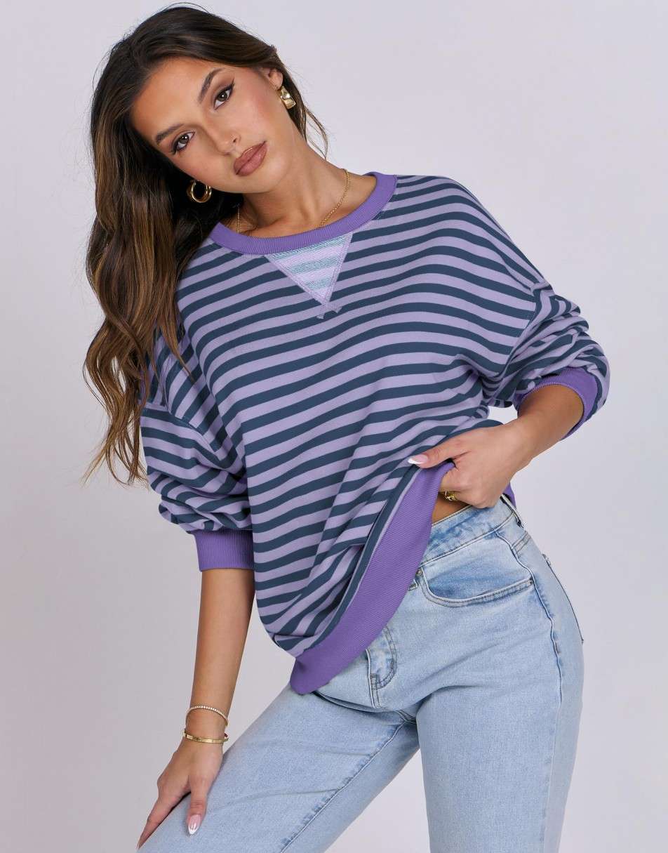 ANRABESS Women Striped Oversized Sweatshirt Long Sleeve Crewneck Shirts 2024 Fall Fashion Pullover Sweater Trendy Clothes