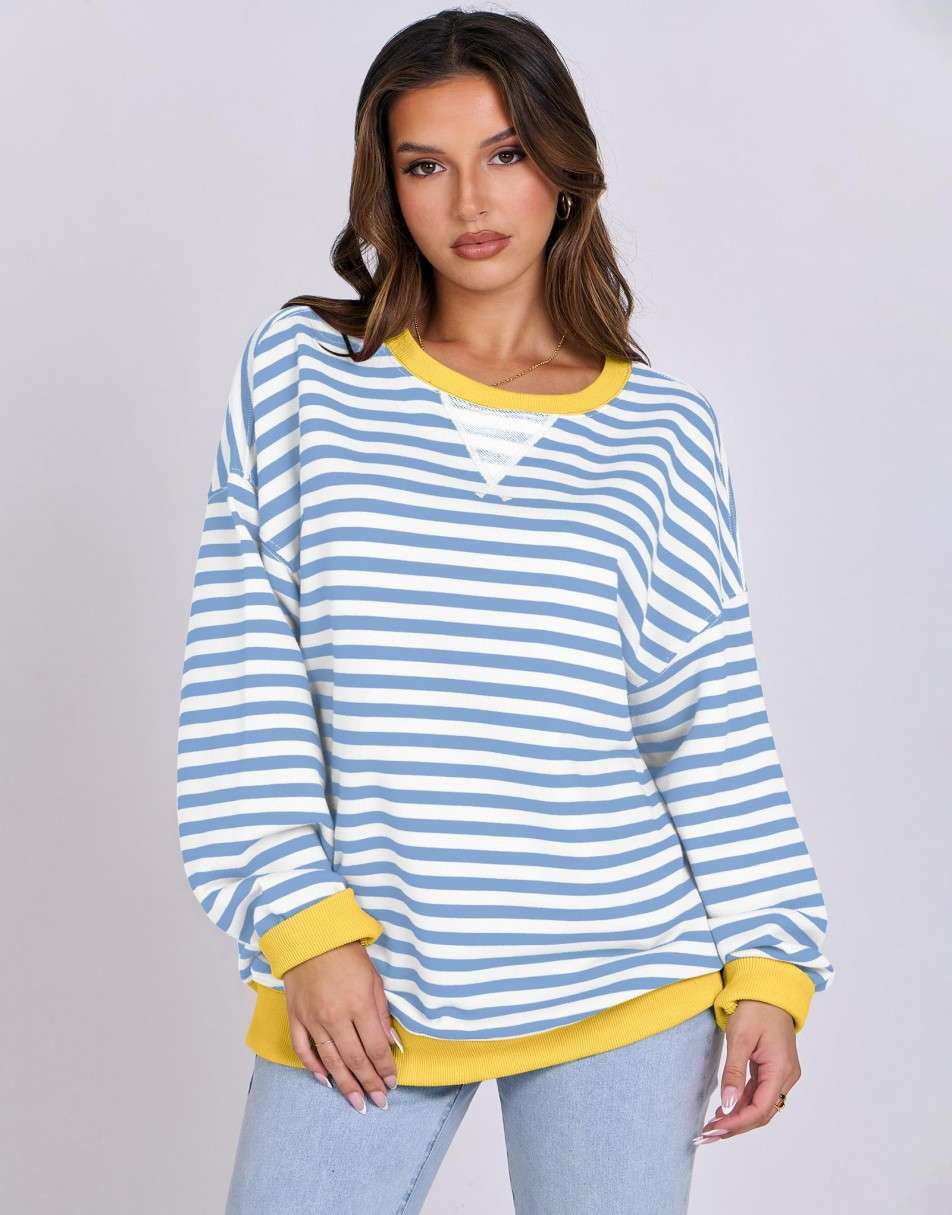 ANRABESS Women Striped Oversized Sweatshirt Long Sleeve Crewneck Shirts 2024 Fall Fashion Pullover Sweater Trendy Clothes