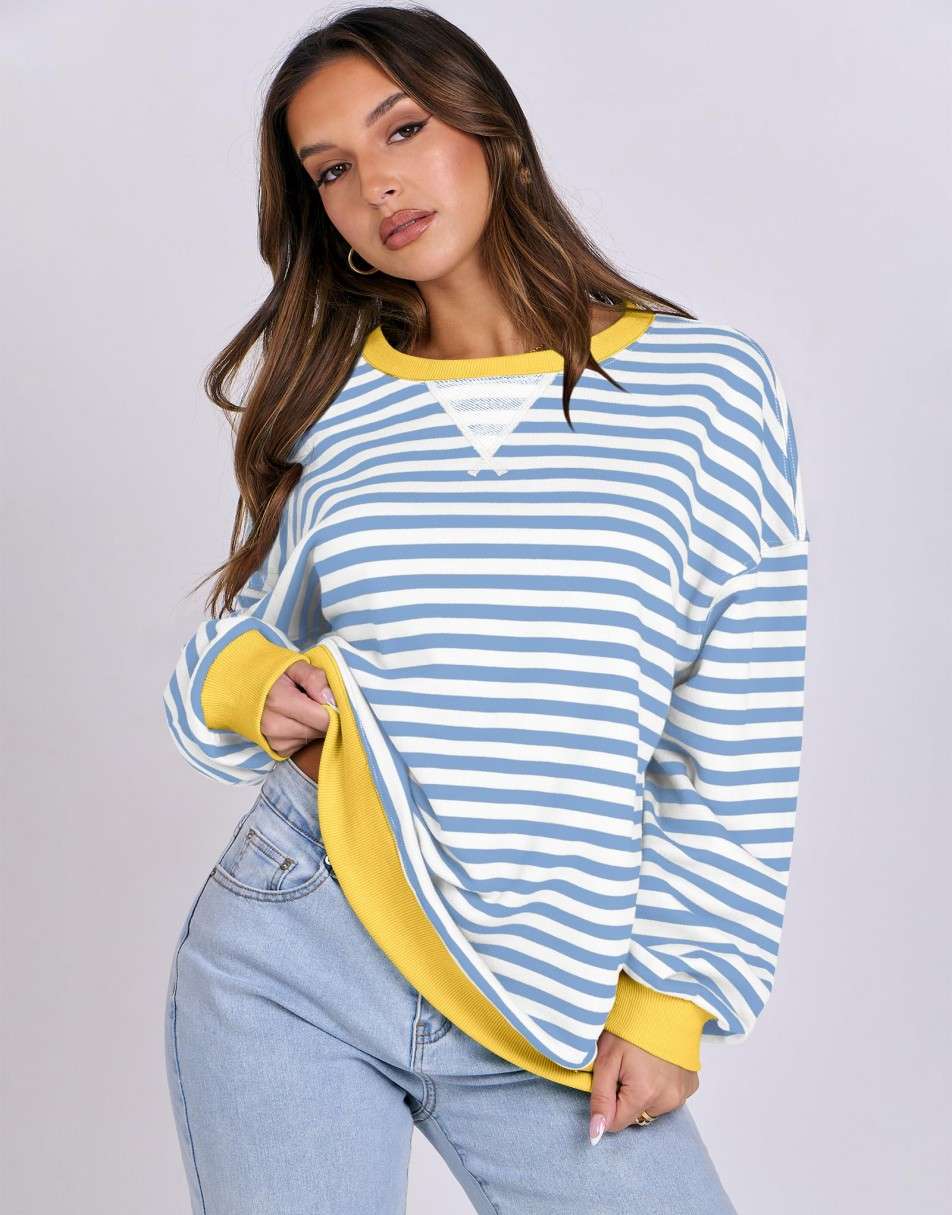 ANRABESS Women Striped Oversized Sweatshirt Long Sleeve Crewneck Shirts 2024 Fall Fashion Pullover Sweater Trendy Clothes