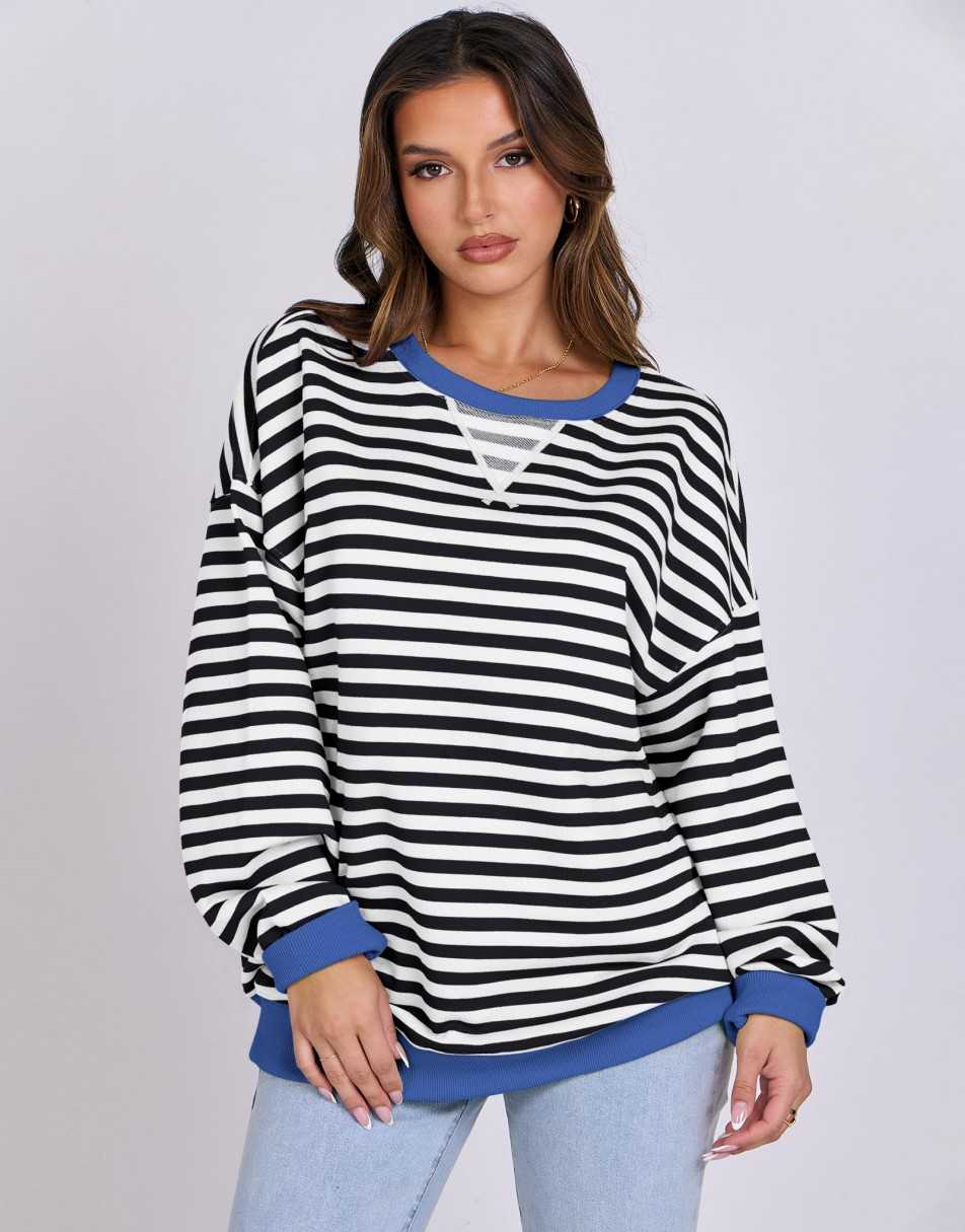 ANRABESS Women Striped Oversized Sweatshirt Long Sleeve Crewneck Shirts 2024 Fall Fashion Pullover Sweater Trendy Clothes