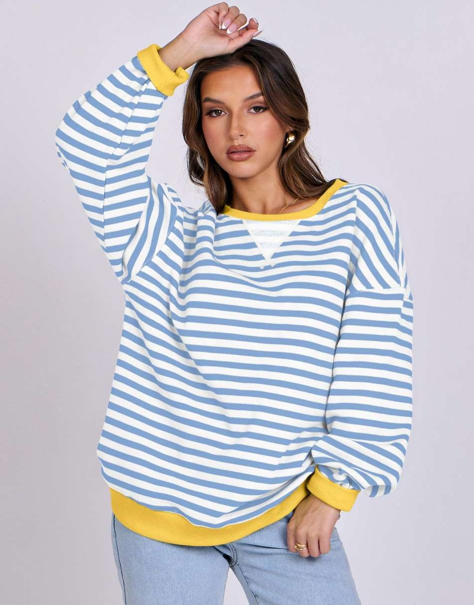 ANRABESS Women Striped Oversized Sweatshirt Long Sleeve Crewneck Shirts 2024 Fall Fashion Pullover Sweater Trendy Clothes