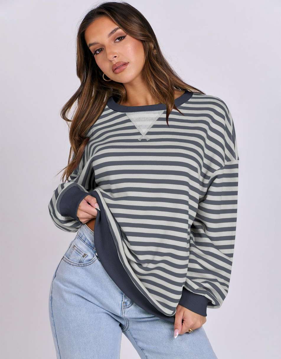 ANRABESS Women Striped Oversized Sweatshirt Long Sleeve Crewneck Shirts 2024 Fall Fashion Pullover Sweater Trendy Clothes