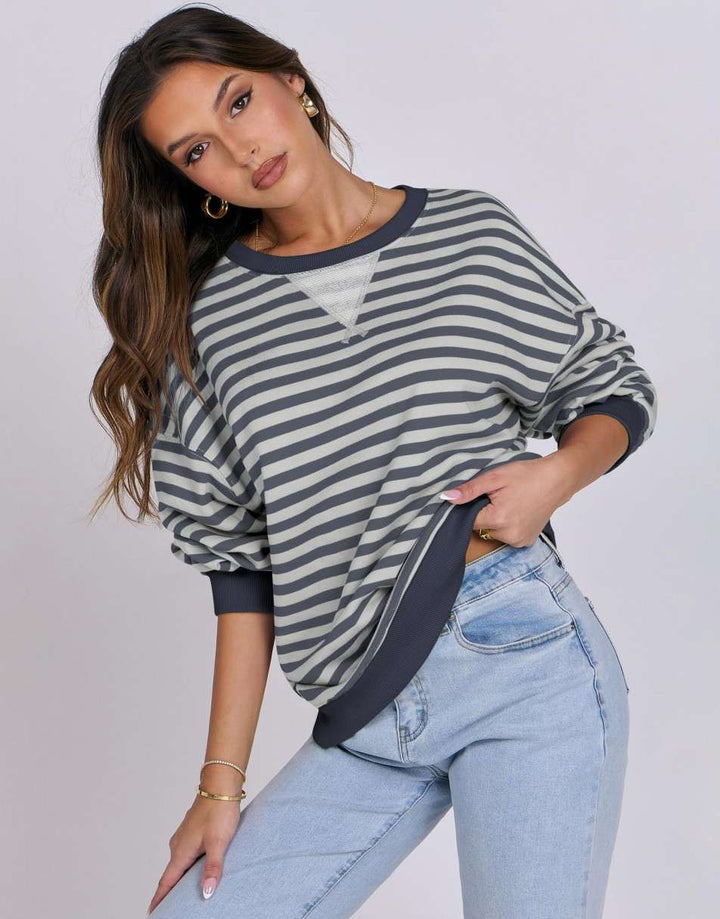 ANRABESS Women Striped Oversized Sweatshirt Long Sleeve Crewneck Shirts 2024 Fall Fashion Pullover Sweater Trendy Clothes