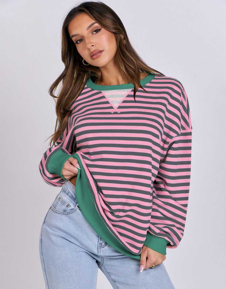 ANRABESS Women Striped Oversized Sweatshirt Long Sleeve Crewneck Shirts 2024 Fall Fashion Pullover Sweater Trendy Clothes