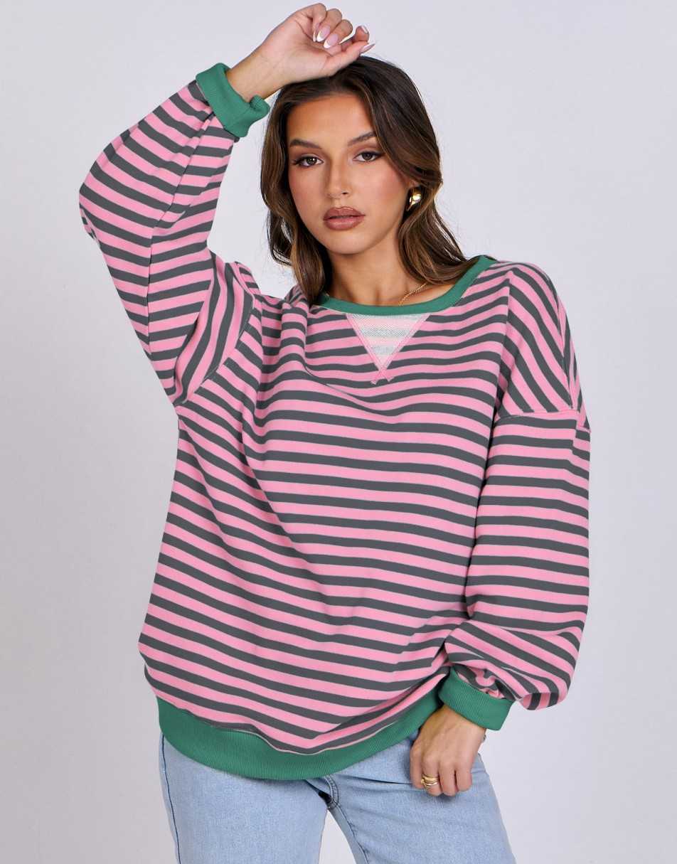 ANRABESS Women Striped Oversized Sweatshirt Long Sleeve Crewneck Shirts 2024 Fall Fashion Pullover Sweater Trendy Clothes