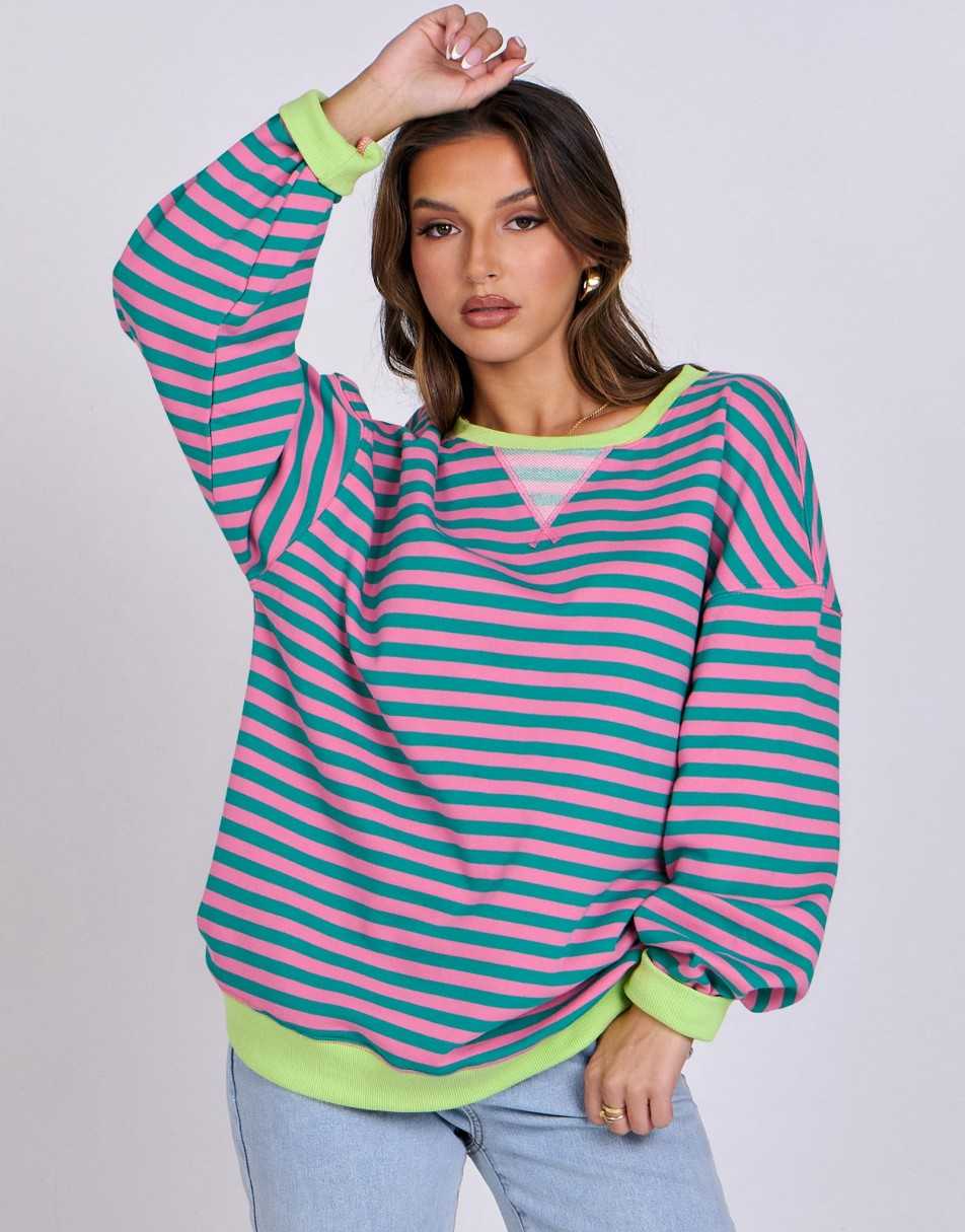 ANRABESS Women Striped Oversized Sweatshirt Long Sleeve Crewneck Shirts 2024 Fall Fashion Pullover Sweater Trendy Clothes