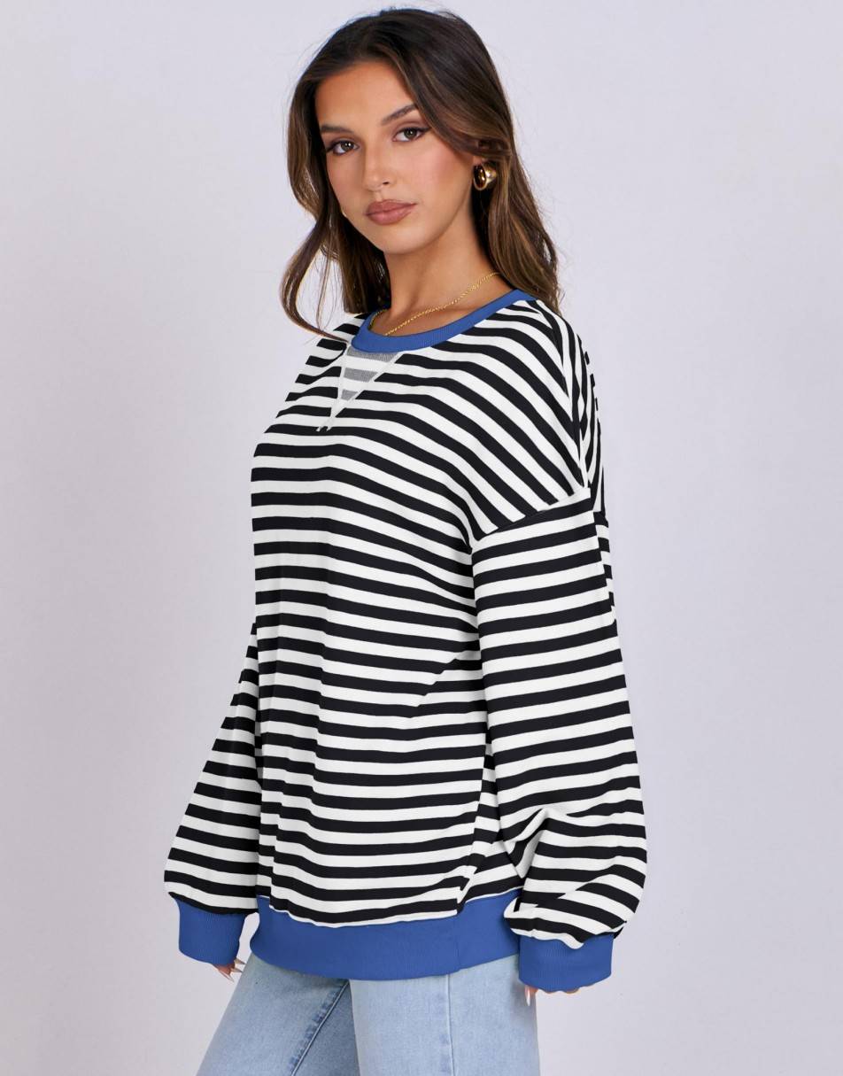 ANRABESS Women Striped Oversized Sweatshirt Long Sleeve Crewneck Shirts 2024 Fall Fashion Pullover Sweater Trendy Clothes