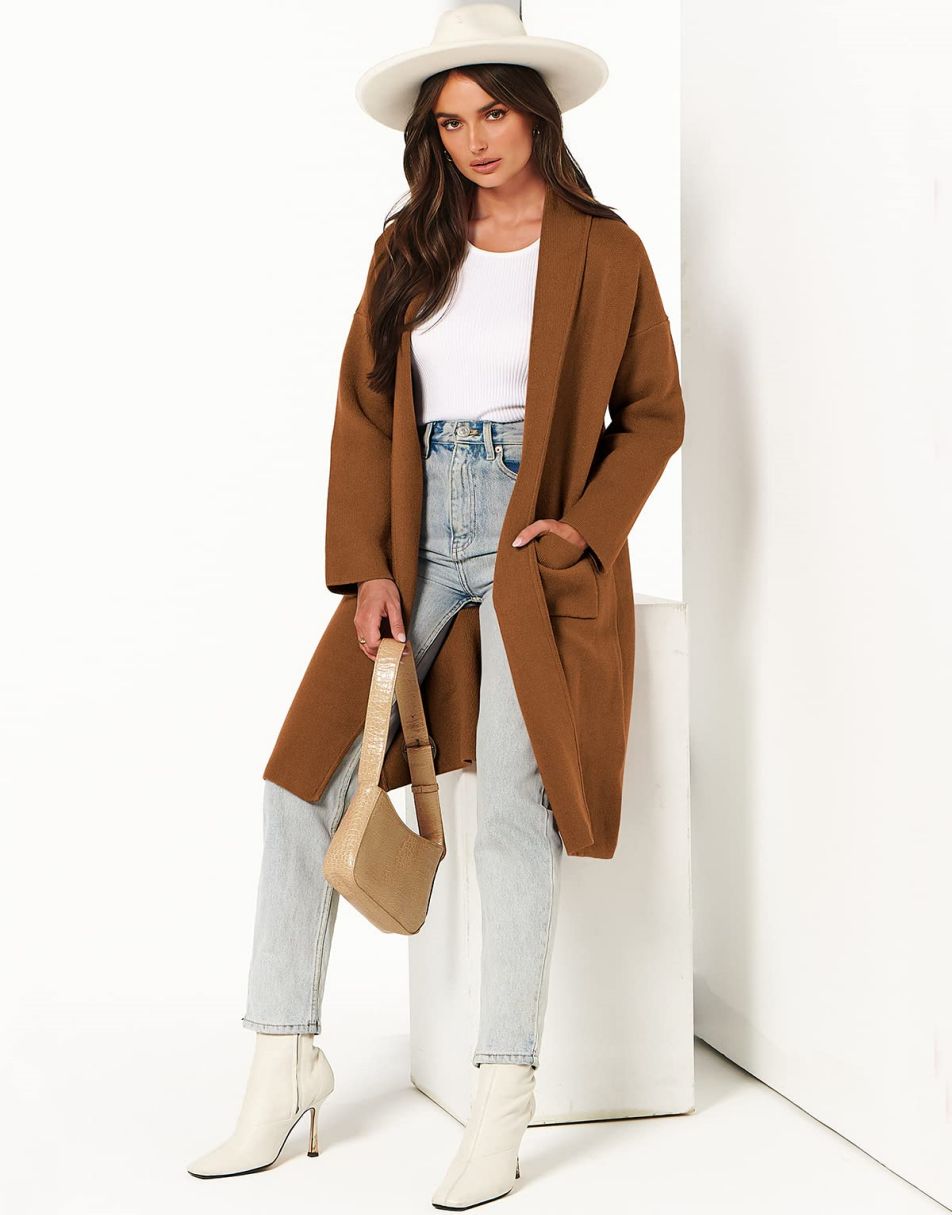 ANRABESS Women's 2023 Fall Cardigan Sweater Long Sleeve Open Front Lapel Coat Casual Knit Coatigan Jacket with Pockets