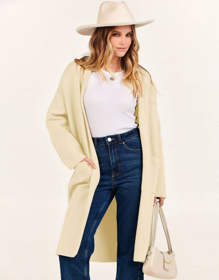 ANRABESS Women's 2023 Fall Cardigan Sweater Long Sleeve Open Front Lapel Coat Casual Knit Coatigan Jacket with Pockets