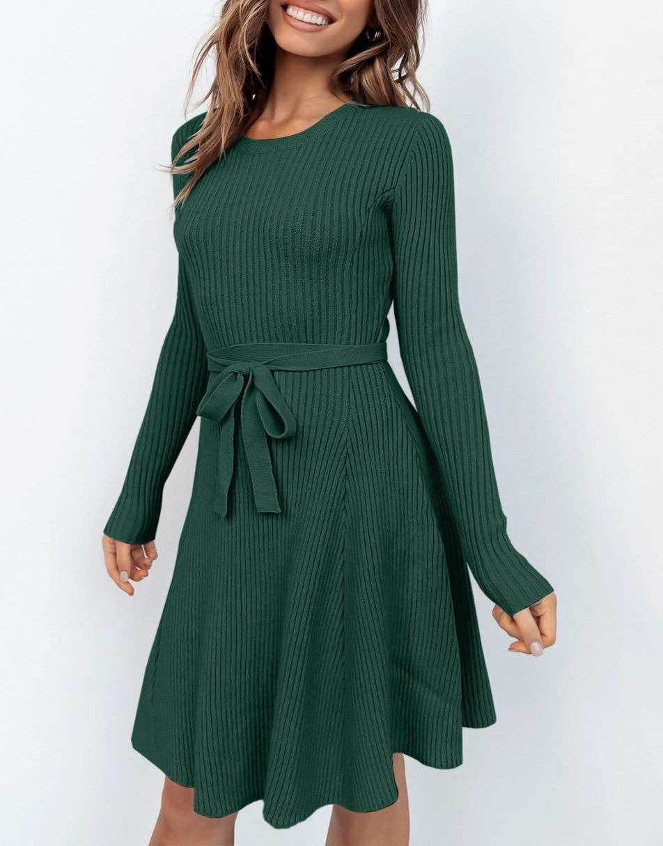 ANRABESS Women's Tie Waist A-Line Ribbed Sweater Dress ANRABESS Women's Tie Waist A-Line Ribbed Sweater Dress