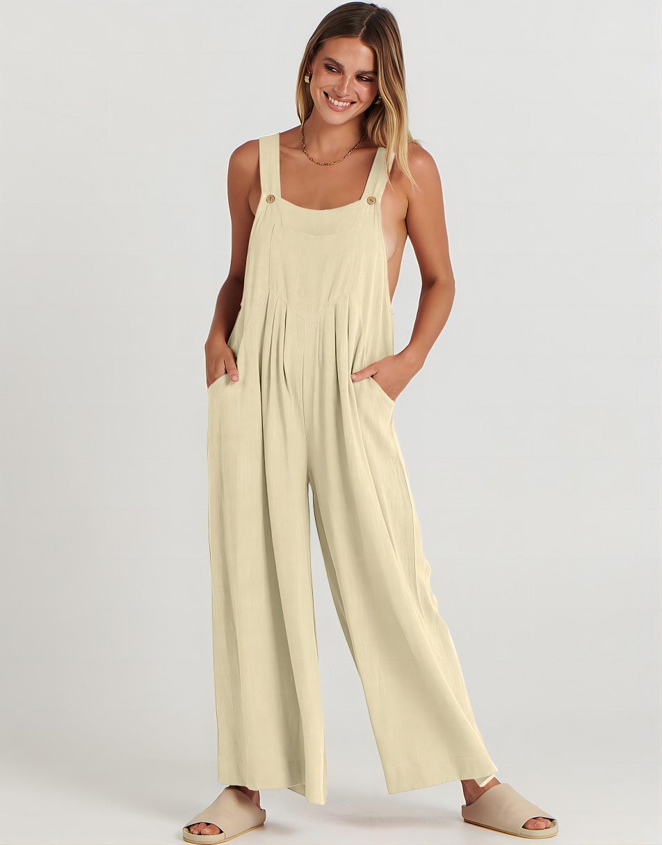 ANRABESS Women's Summer Wide Leg Jumpsuits V Neck Sleeveless High Waist  Vacation Linen Rompers Dressy, Beige, Small : : Clothing, Shoes &  Accessories