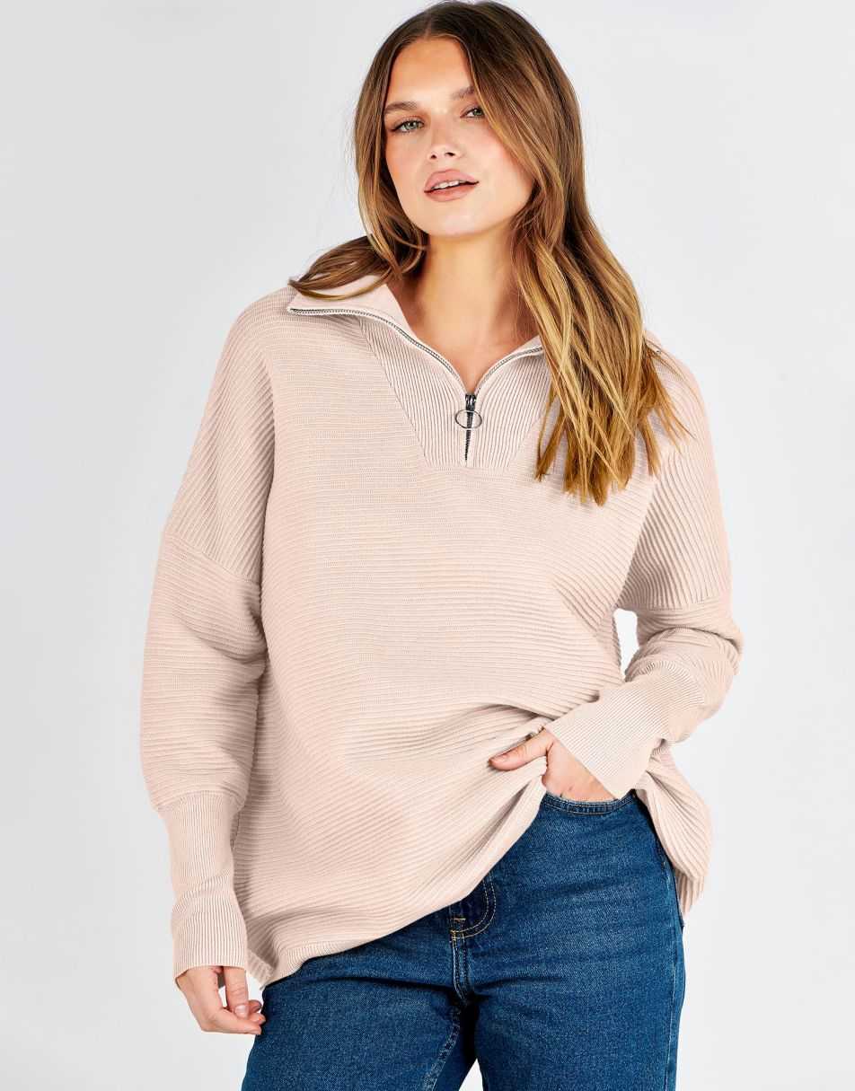 ANRABESS Women's Oversized Sweater Quarter Zip V Neck Collared Ribbed Knit Pullover Tunic 2023 Y2K Fall Tops