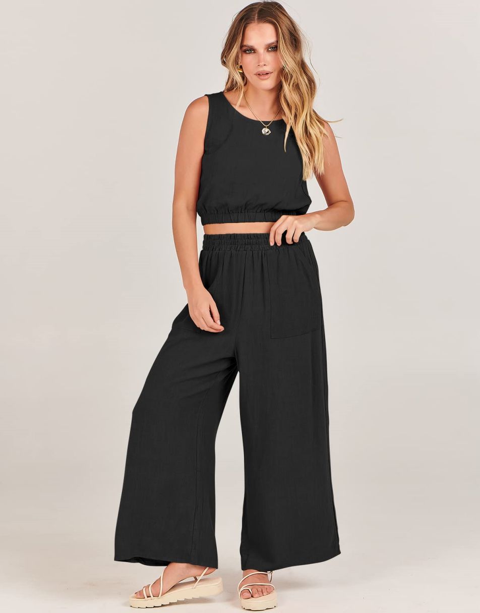 ANRABESS Women 2 Piece Outfits 2024 Summer Clothes 2pc Set Linen Sleeveless  Crop Top Wide Leg Pant Jumpsuit Romper Matching Lounge Sets Spring Fashion  1039qianxing-S at  Women's Clothing store