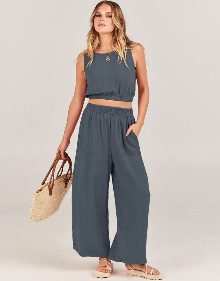 ANRABESS Women’s Summer 2 Piece Outfits Sleeveless Round Neck Crop Top Tank and High Waisted Pants Jumpsuit Lounge Set