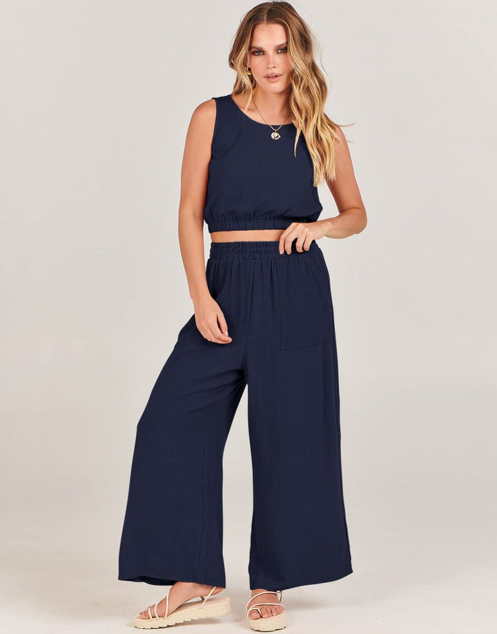 ANRABESS Women’s Summer 2 Piece Outfits Sleeveless Round Neck Crop Top Tank and High Waisted Pants Jumpsuit Lounge Set
