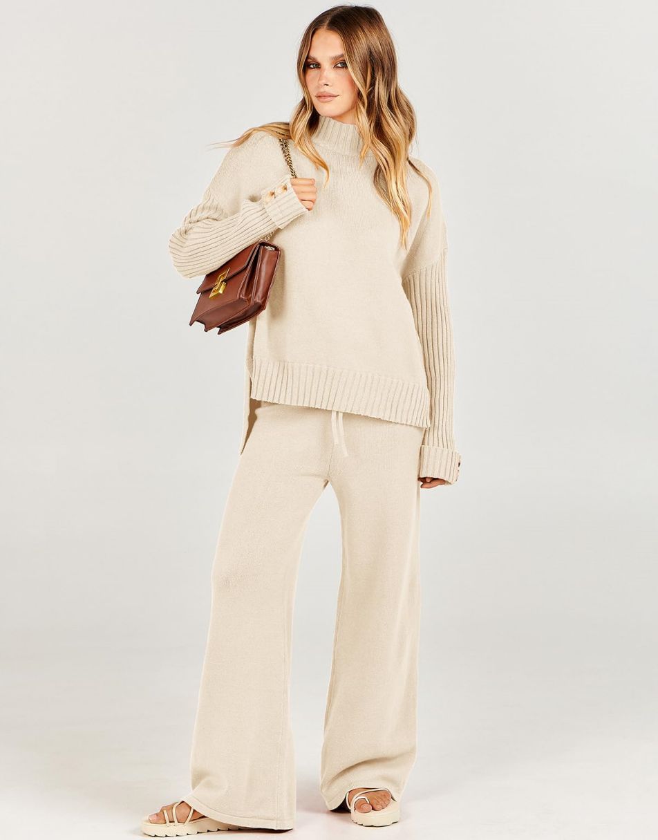 ANRABESS Women's Two Piece Outfits Sweater Sets Long Sleeve Knit Pullover  and Wide Leg Pants Lounge Sets, Apricot, Small : : Clothing, Shoes  & Accessories