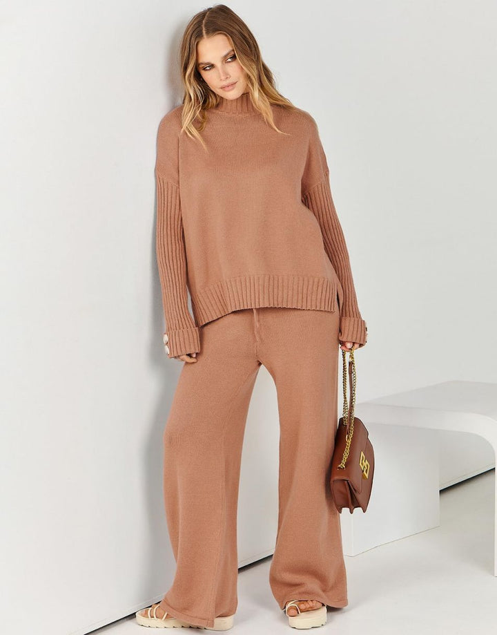 ANRABESS Women's Two Piece Outfits Sweater Sets Long Sleeve Knit Pullover and Wide Leg Pants Lounge Sets