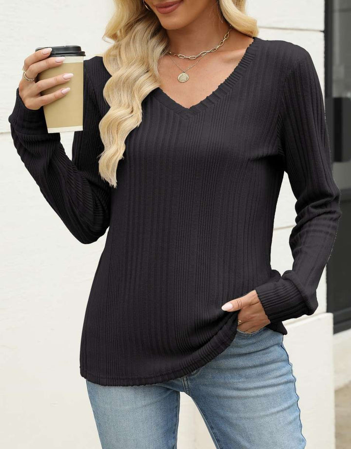ANRABESS Womens Long Sleeve Shirts V Neck Tunic Tops Ribbed Knit Lightweight Sweaters 2025 Fall Dressy Casual Blouses