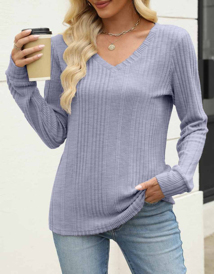 ANRABESS Womens Long Sleeve Shirts V Neck Tunic Tops Ribbed Knit Lightweight Sweaters 2025 Fall Dressy Casual Blouses