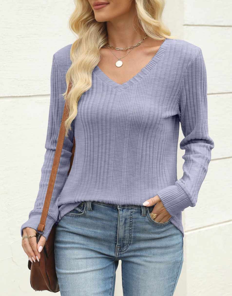 ANRABESS Womens Long Sleeve Shirts V Neck Tunic Tops Ribbed Knit Lightweight Sweaters 2025 Fall Dressy Casual Blouses