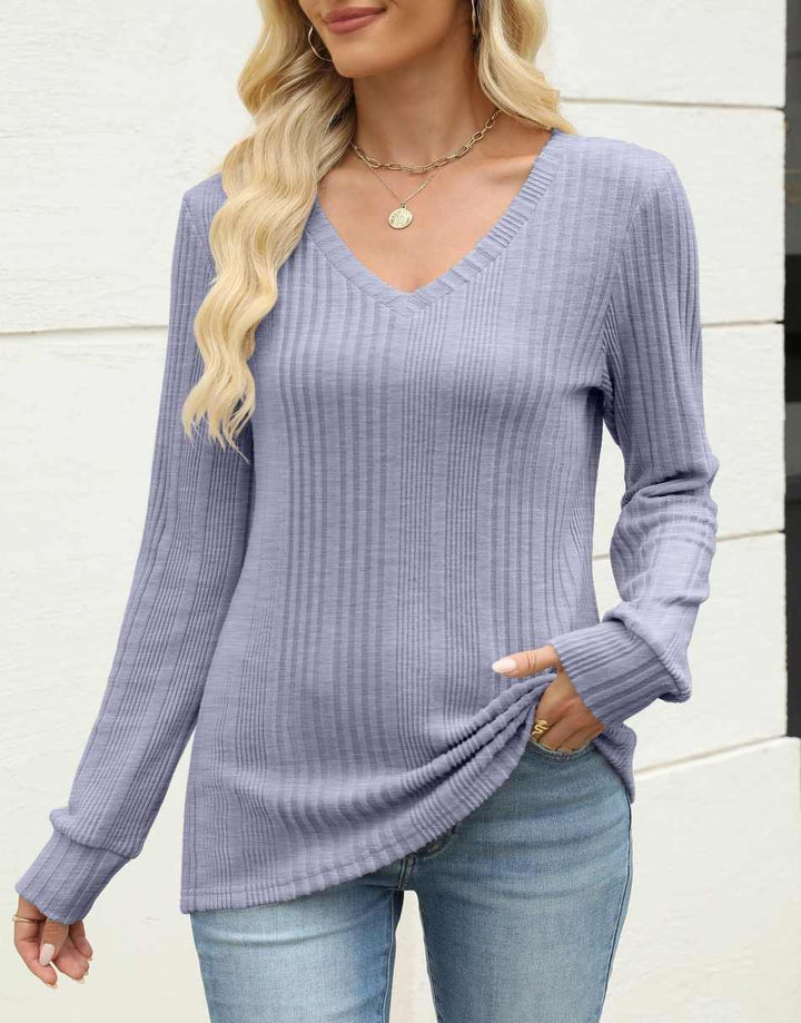 ANRABESS Womens Long Sleeve Shirts V Neck Tunic Tops Ribbed Knit Lightweight Sweaters 2025 Fall Dressy Casual Blouses