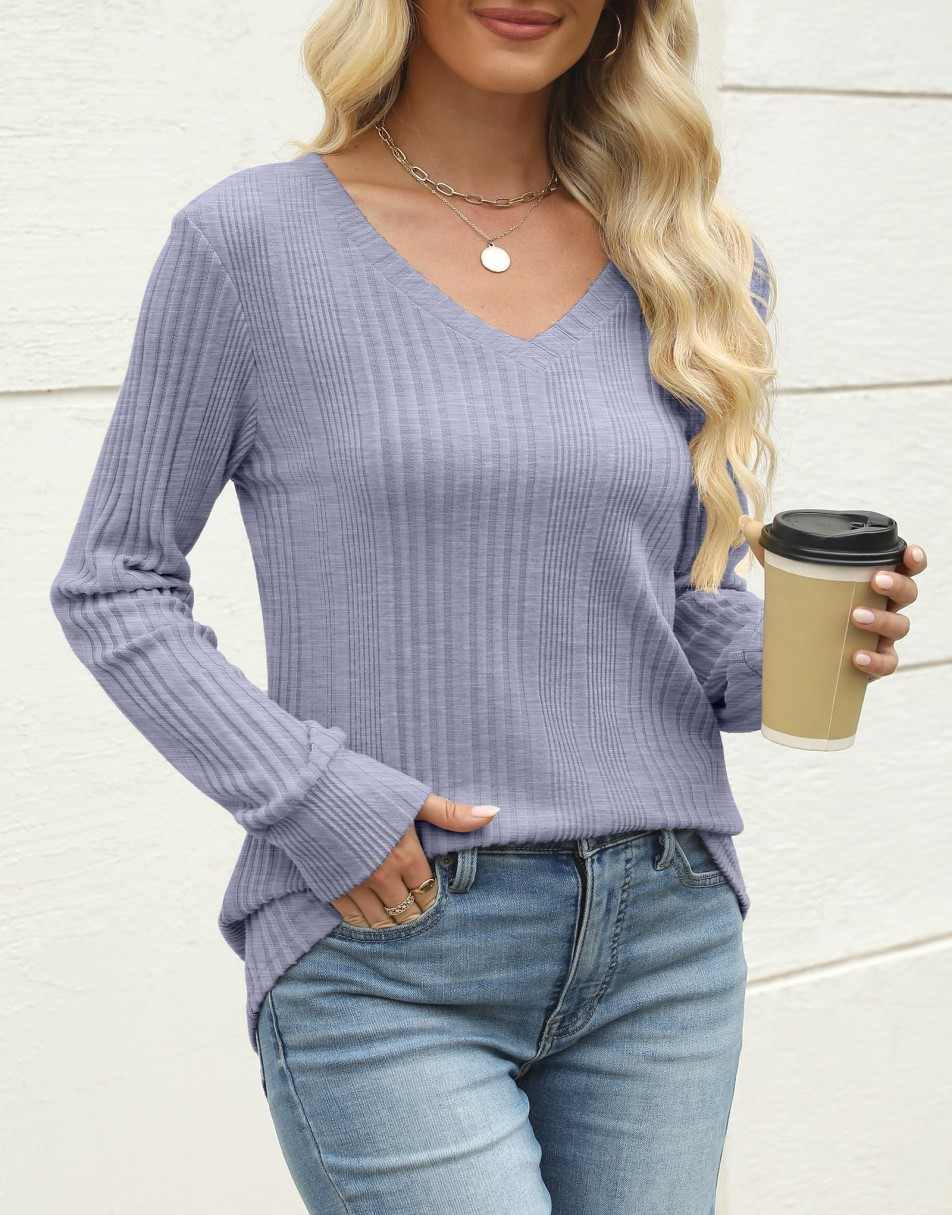 ANRABESS Womens Long Sleeve Shirts V Neck Tunic Tops Ribbed Knit Lightweight Sweaters 2025 Fall Dressy Casual Blouses