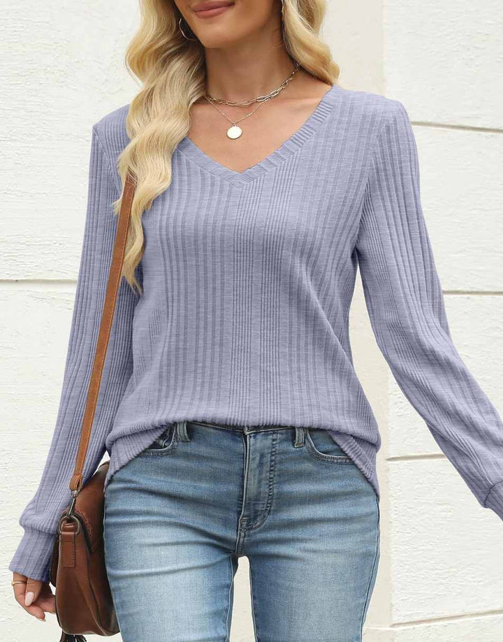 ANRABESS Womens Long Sleeve Shirts V Neck Tunic Tops Ribbed Knit Lightweight Sweaters 2025 Fall Dressy Casual Blouses