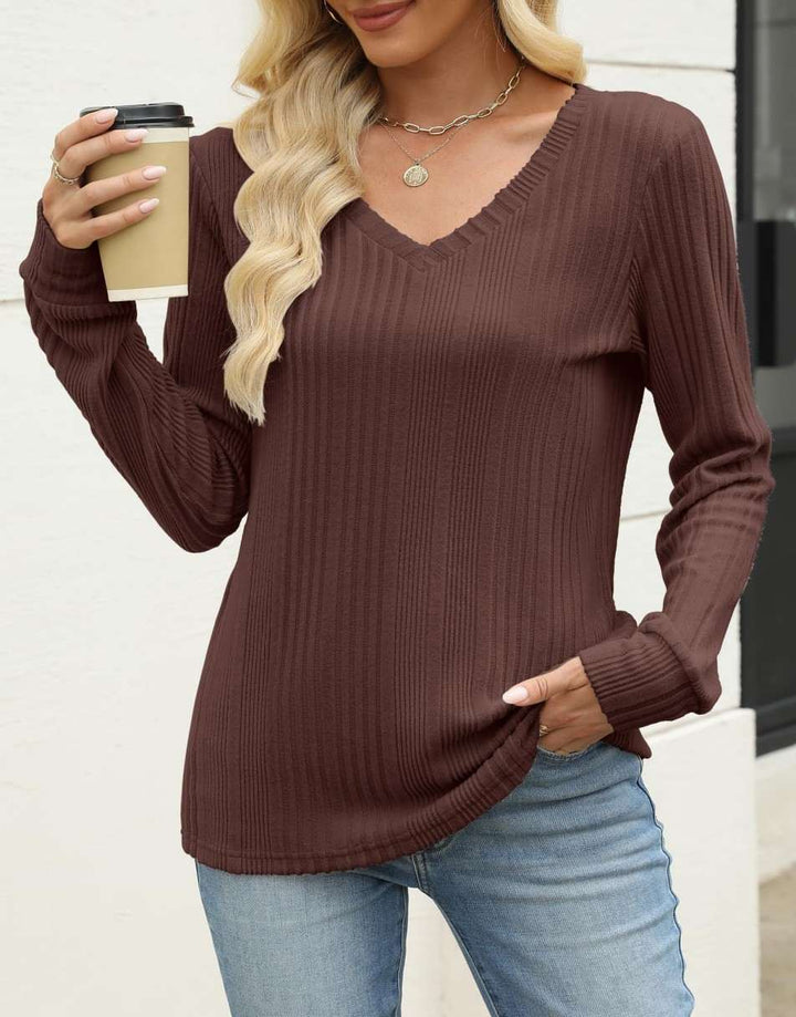 ANRABESS Womens Long Sleeve Shirts V Neck Tunic Tops Ribbed Knit Lightweight Sweaters 2025 Fall Dressy Casual Blouses