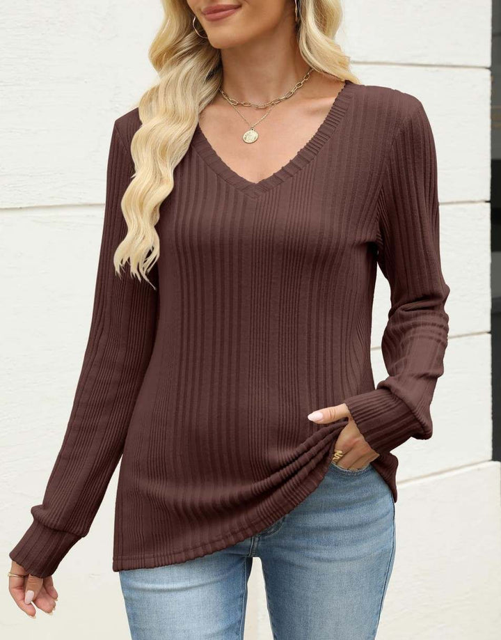 ANRABESS Womens Long Sleeve Shirts V Neck Tunic Tops Ribbed Knit Lightweight Sweaters 2025 Fall Dressy Casual Blouses