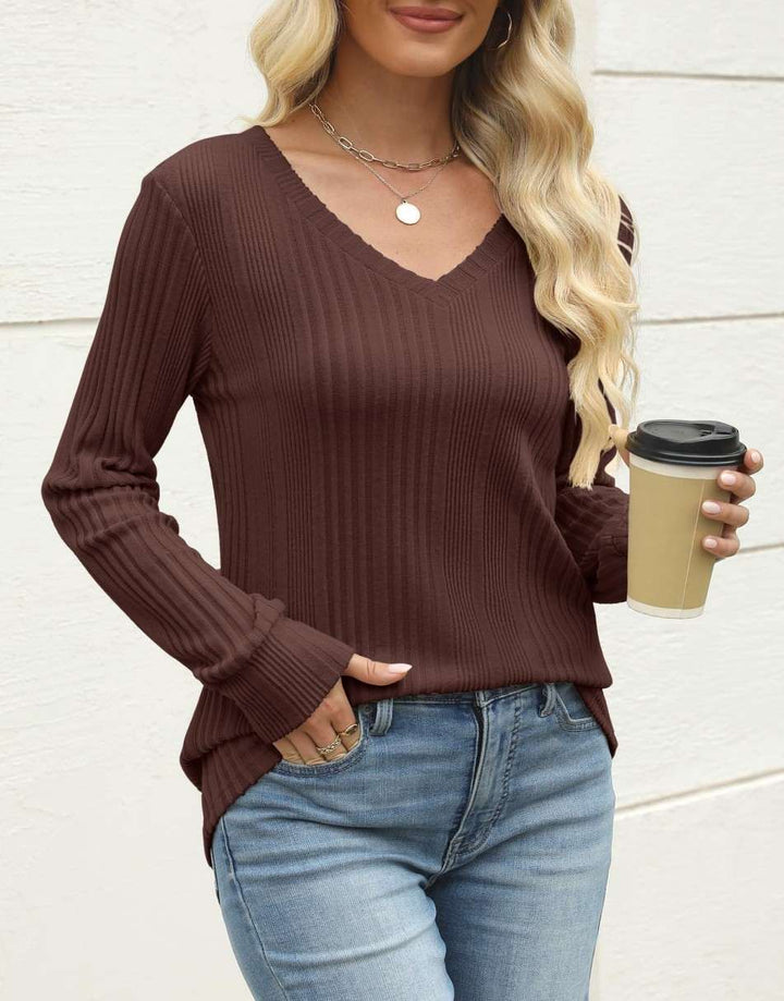 ANRABESS Womens Long Sleeve Shirts V Neck Tunic Tops Ribbed Knit Lightweight Sweaters 2025 Fall Dressy Casual Blouses