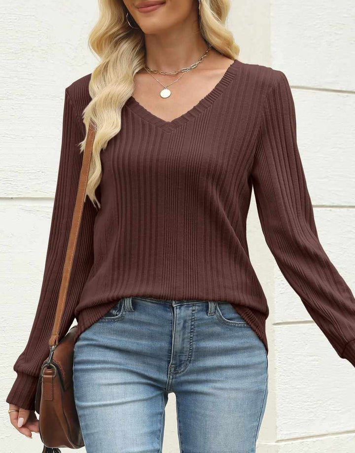 ANRABESS Womens Long Sleeve Shirts V Neck Tunic Tops Ribbed Knit Lightweight Sweaters 2025 Fall Dressy Casual Blouses