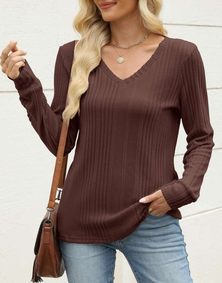 ANRABESS Womens Long Sleeve Shirts V Neck Tunic Tops Ribbed Knit Lightweight Sweaters 2025 Fall Dressy Casual Blouses