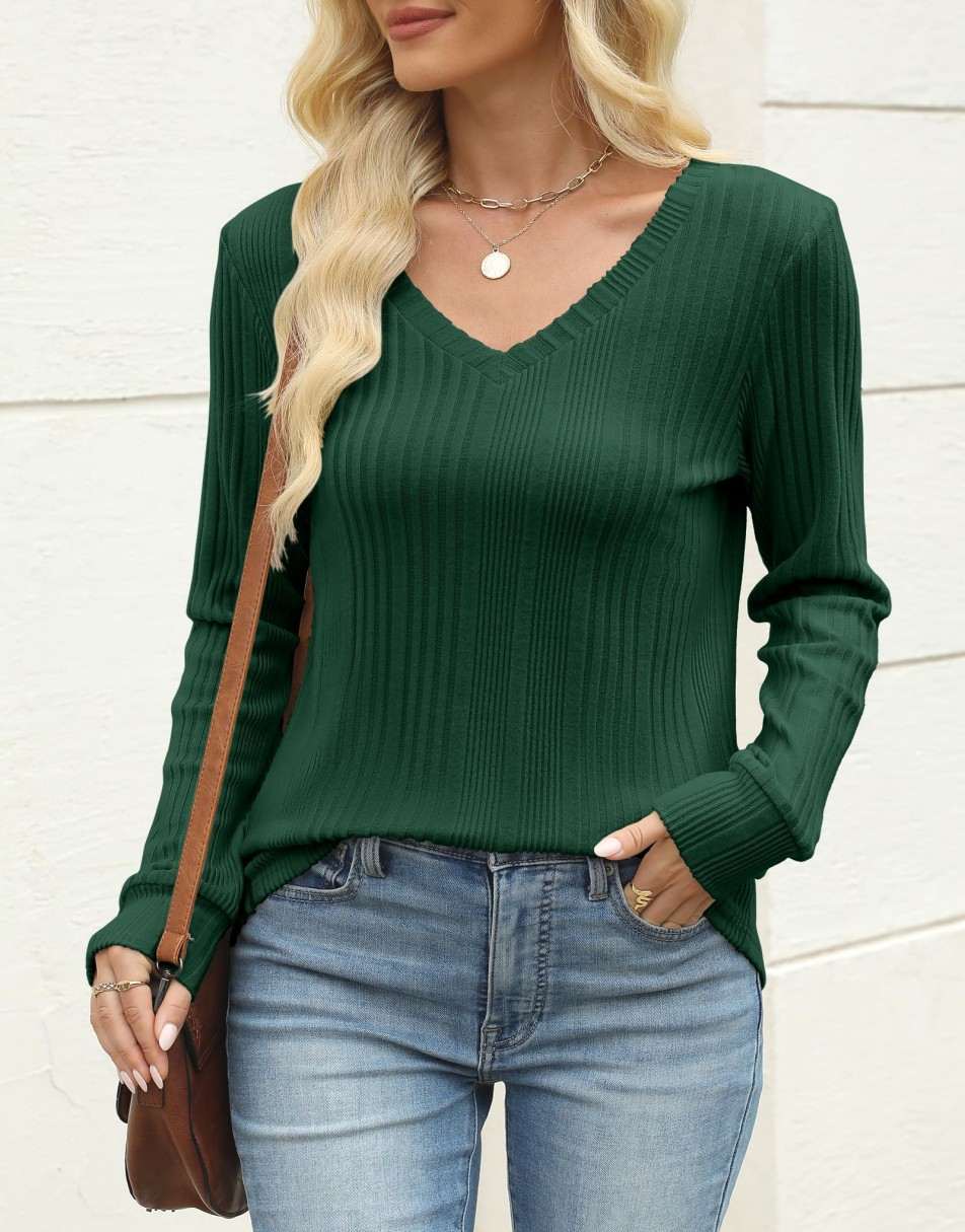ANRABESS Womens Long Sleeve Shirts V Neck Tunic Tops Ribbed Knit Lightweight Sweaters 2025 Fall Dressy Casual Blouses