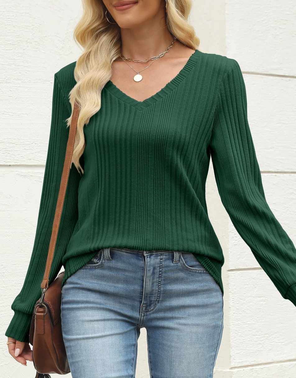 ANRABESS Womens Long Sleeve Shirts V Neck Tunic Tops Ribbed Knit Lightweight Sweaters 2025 Fall Dressy Casual Blouses