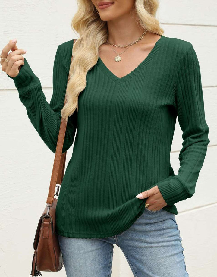 ANRABESS Womens Long Sleeve Shirts V Neck Tunic Tops Ribbed Knit Lightweight Sweaters 2025 Fall Dressy Casual Blouses