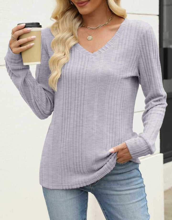 ANRABESS Womens Long Sleeve Shirts V Neck Tunic Tops Ribbed Knit Lightweight Sweaters 2025 Fall Dressy Casual Blouses