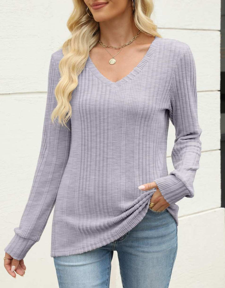 ANRABESS Womens Long Sleeve Shirts V Neck Tunic Tops Ribbed Knit Lightweight Sweaters 2025 Fall Dressy Casual Blouses