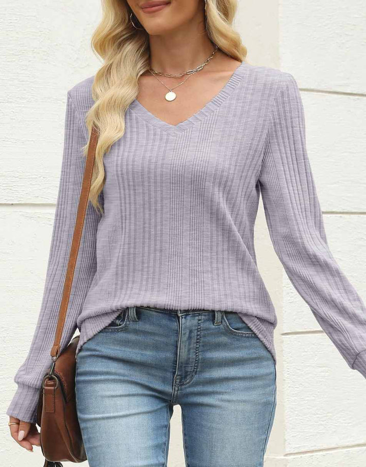 ANRABESS Womens Long Sleeve Shirts V Neck Tunic Tops Ribbed Knit Lightweight Sweaters 2025 Fall Dressy Casual Blouses