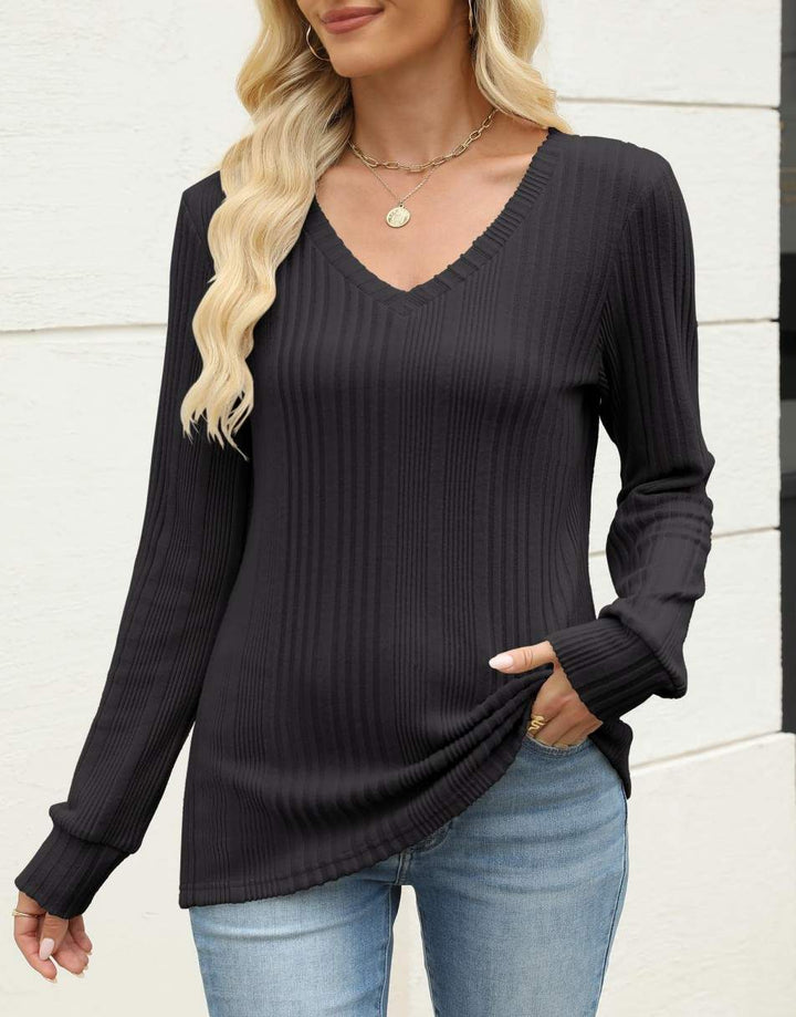 ANRABESS Womens Long Sleeve Shirts V Neck Tunic Tops Ribbed Knit Lightweight Sweaters 2025 Fall Dressy Casual Blouses