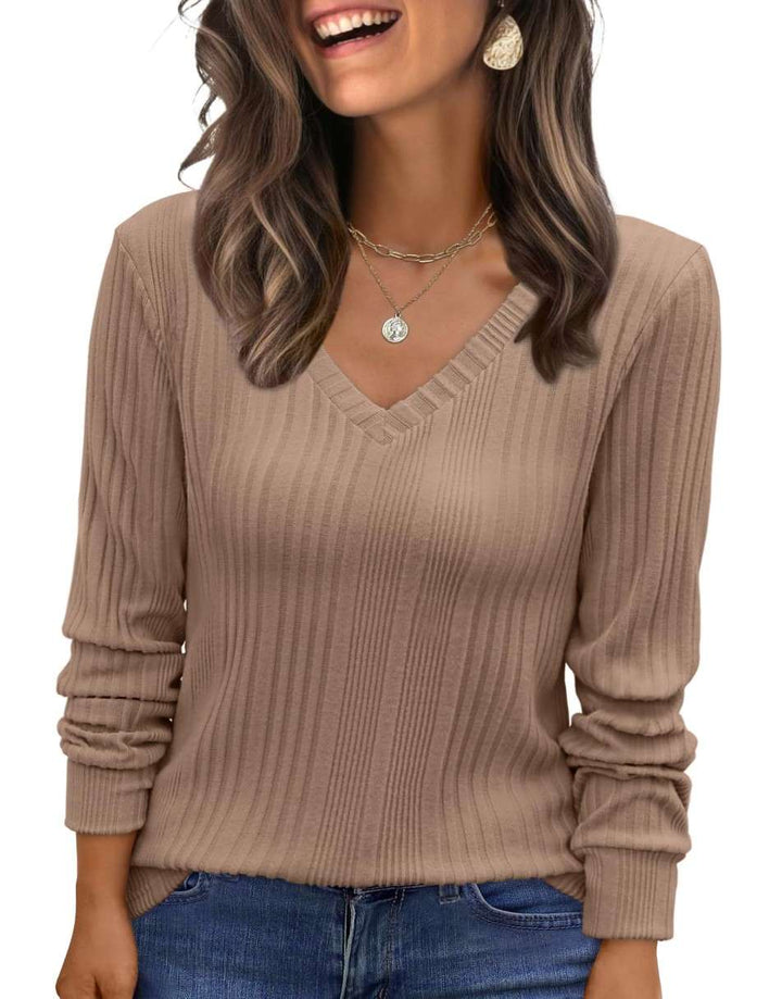 ANRABESS Womens Long Sleeve Shirts V Neck Tunic Tops Ribbed Knit Lightweight Sweaters 2025 Fall Dressy Casual Blouses
