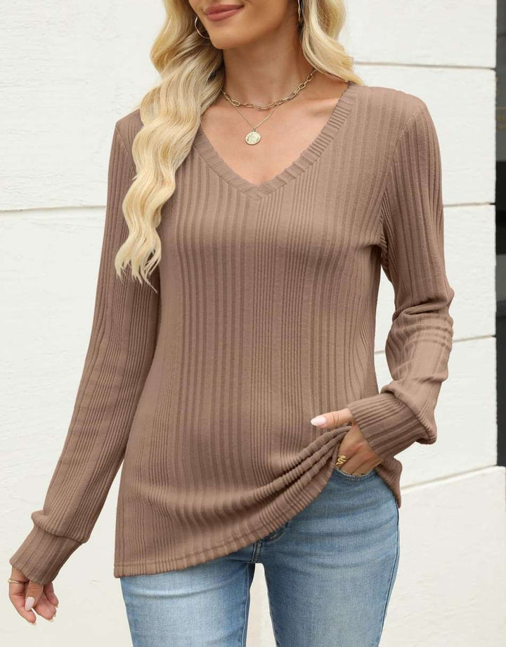 ANRABESS Womens Long Sleeve Shirts V Neck Tunic Tops Ribbed Knit Lightweight Sweaters 2025 Fall Dressy Casual Blouses