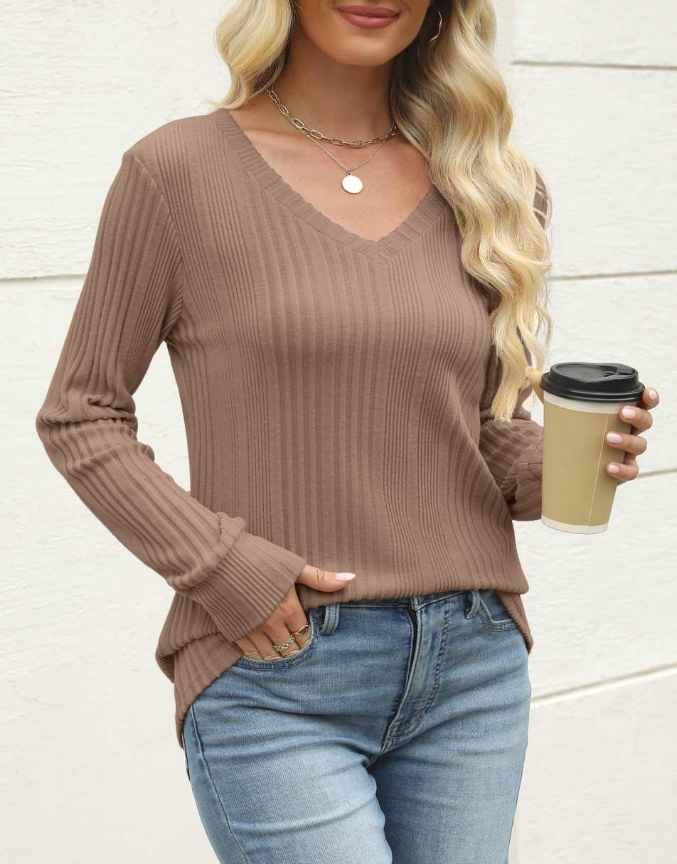 ANRABESS Womens Long Sleeve Shirts V Neck Tunic Tops Ribbed Knit Lightweight Sweaters 2025 Fall Dressy Casual Blouses