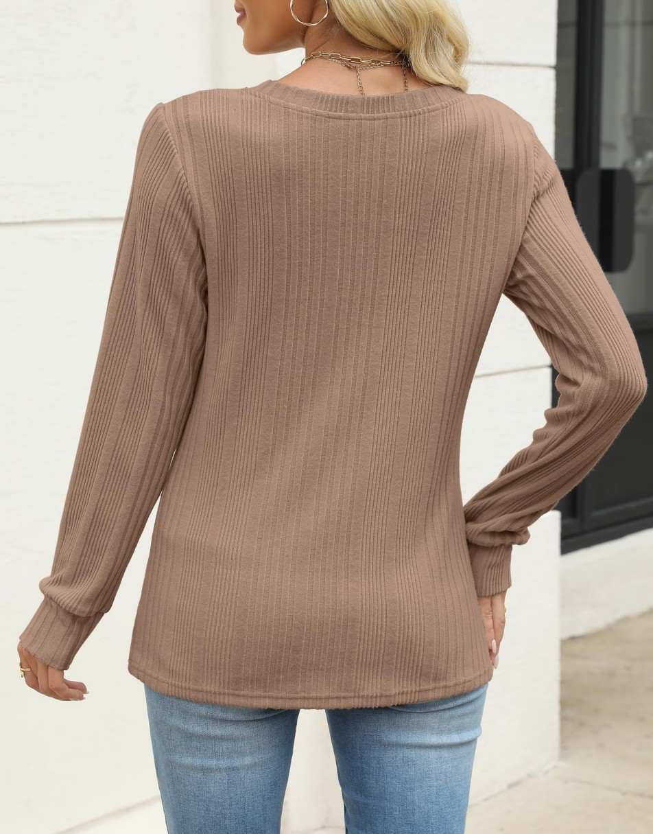 ANRABESS Womens Long Sleeve Shirts V Neck Tunic Tops Ribbed Knit Lightweight Sweaters 2025 Fall Dressy Casual Blouses