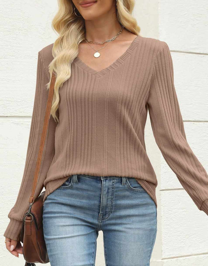 ANRABESS Womens Long Sleeve Shirts V Neck Tunic Tops Ribbed Knit Lightweight Sweaters 2025 Fall Dressy Casual Blouses