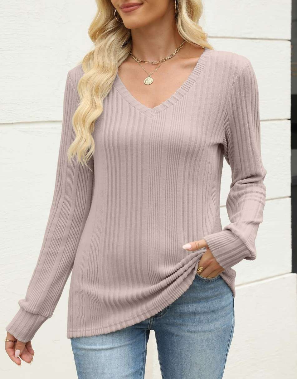 ANRABESS Womens Long Sleeve Shirts V Neck Tunic Tops Ribbed Knit Lightweight Sweaters 2025 Fall Dressy Casual Blouses