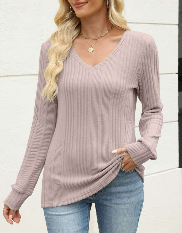 ANRABESS Womens Long Sleeve Shirts V Neck Tunic Tops Ribbed Knit Lightweight Sweaters 2025 Fall Dressy Casual Blouses