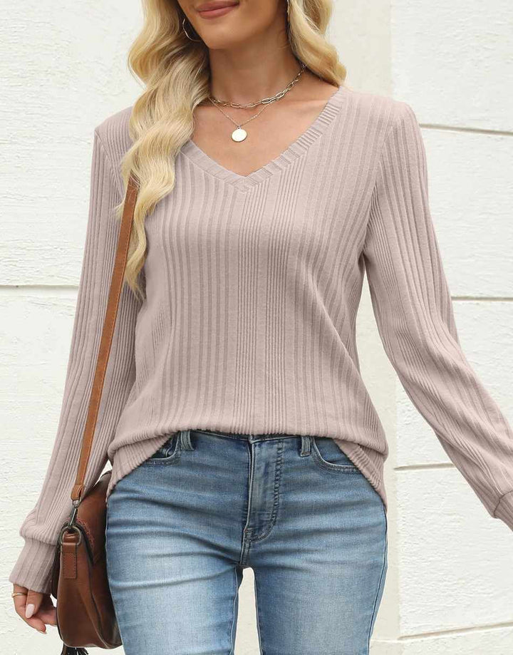 ANRABESS Womens Long Sleeve Shirts V Neck Tunic Tops Ribbed Knit Lightweight Sweaters 2025 Fall Dressy Casual Blouses