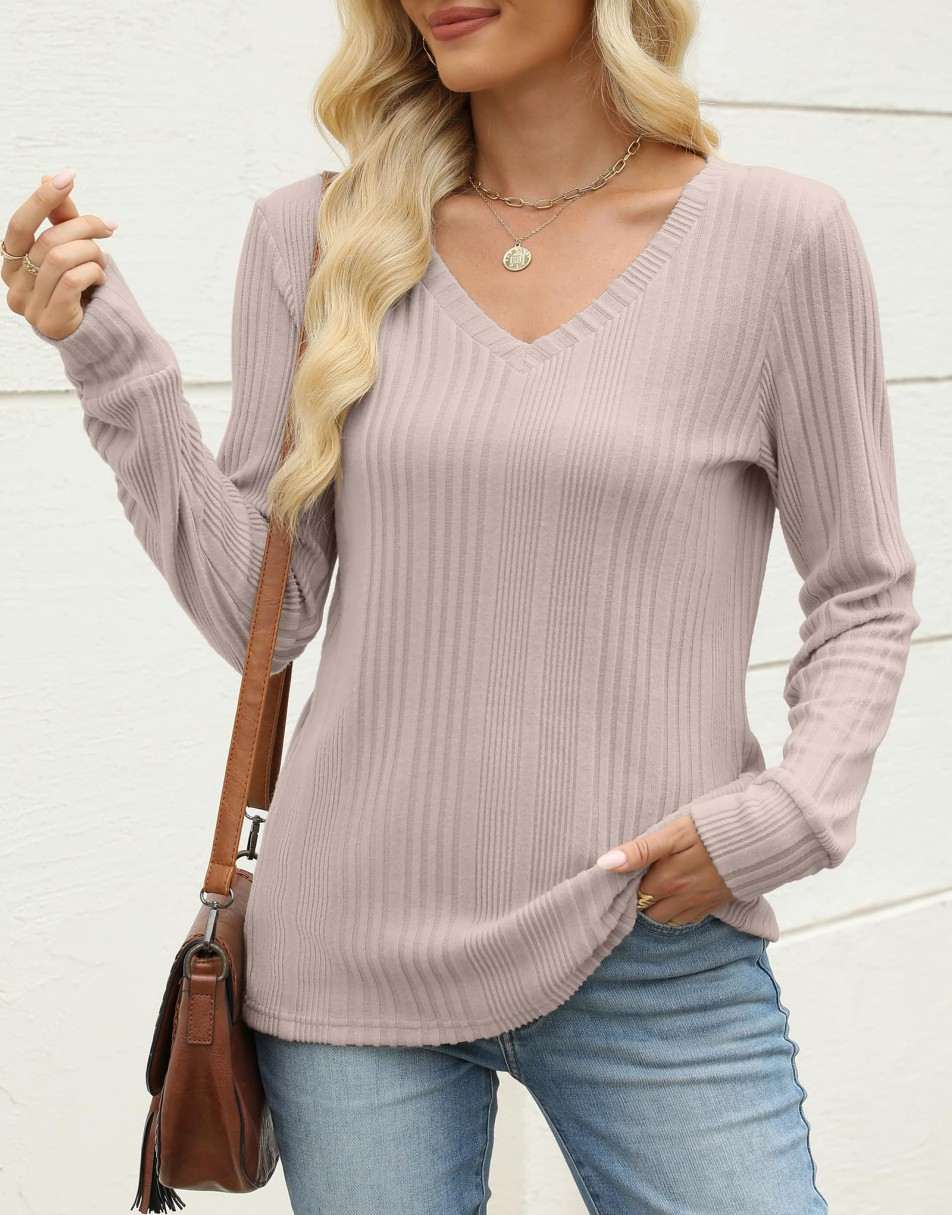 ANRABESS Womens Long Sleeve Shirts V Neck Tunic Tops Ribbed Knit Lightweight Sweaters 2025 Fall Dressy Casual Blouses